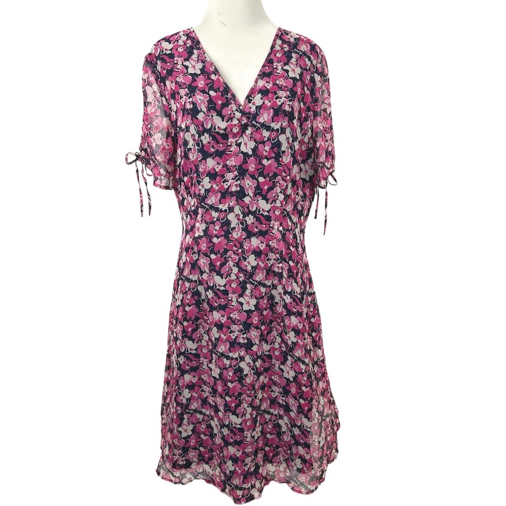 Jaclyn Smith Silk Floral Midi Dress 12 Pink Navy Sheer Sleeve 90s Y2K Romantic